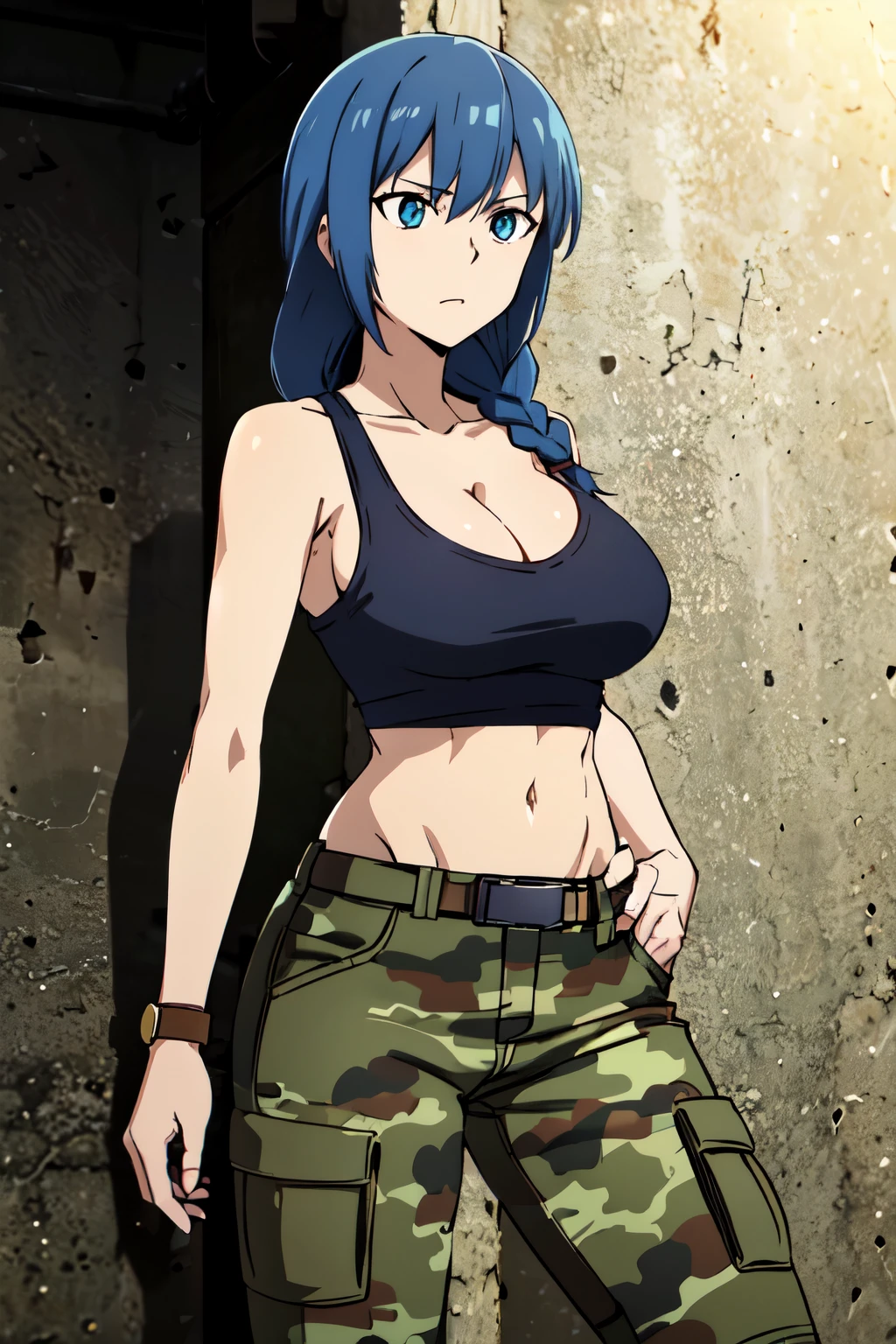 Léona Heidern, blue eye, blue hair, long braid, tank top, Camouflage PANTS, jewels, cleavage, Camouflage, Bare shoulders, tetas grandes, haut court, pocket, fringe, belt buckle, loops of'ears, sleeveless, diaphragm, Longhaire, TRIANGLE loops of'ears potara , gants noirs, 1fille, bare, Haut du corps, face au spectateur, (regarder le spectateur:1.5), in the center, ssmile