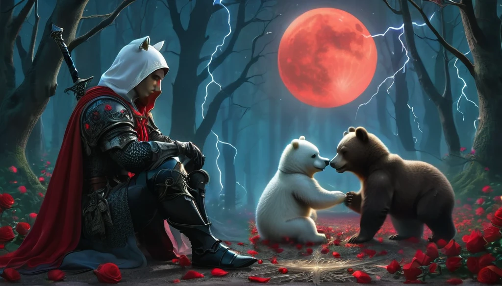 Male knight with a white hood with polar bear ears and a sword behind his back sits cross-legged on the ground towards a baby polar bear and a baby brown bear in a forest while the moon shines, many Roses cover the ground and lightning falls from the sky. The baby polar bear plays with the baby brown bear while the knight enjoys watching them. Only the man wears a red blindfold. In the background of the picture is the blood moon and a tree has fallen down in the path. The forest is full of trees with leaves. The armor of the man is black and red roses decorate it. The sky is full of stars. The knight is thoughtfully touching his face.