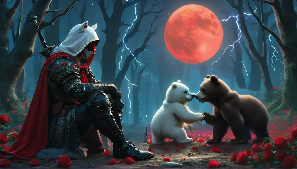 Male knight with a white hood with polar bear ears and a sword behind his back sits cross-legged on the ground towards a baby polar bear and a baby brown bear in a forest while the moon shines, many Roses cover the ground and lightning falls from the sky. The baby polar bear plays with the baby brown bear while the knight enjoys watching them. Only the man wears a red blindfold. In the background of the picture is the blood moon and a tree has fallen down in the path. The forest is full of trees with leaves. The armor of the man is black and red roses decorate it. The sky is full of stars. The knight is thoughtfully touching his face.