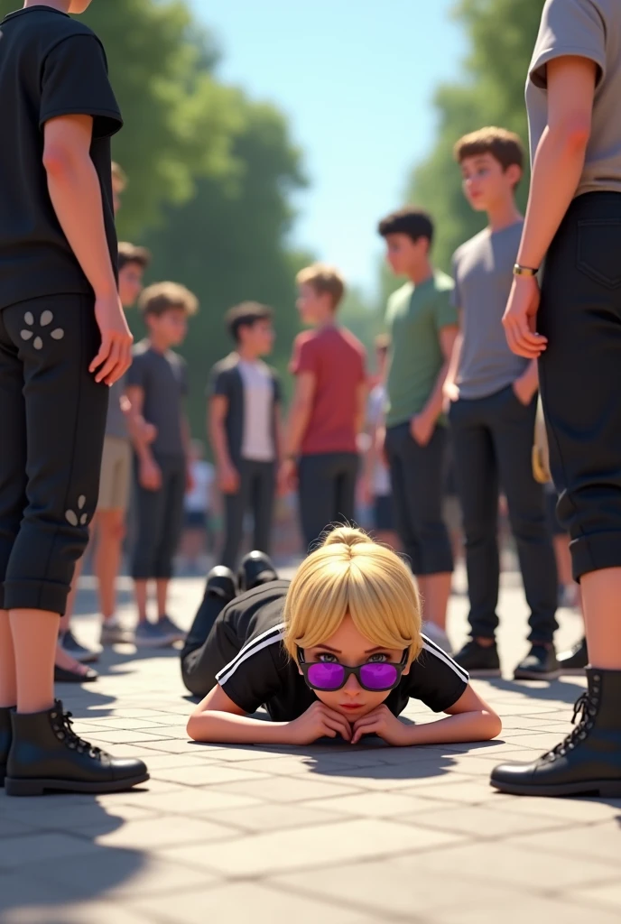 A paved path. A woman with blonde hair, large rimless sunglasses with purple lenses, black T-shirt with white stripes and round black pants with white patterns lies on the paved path, she fell on her stomach. People are standing around her. 3d art