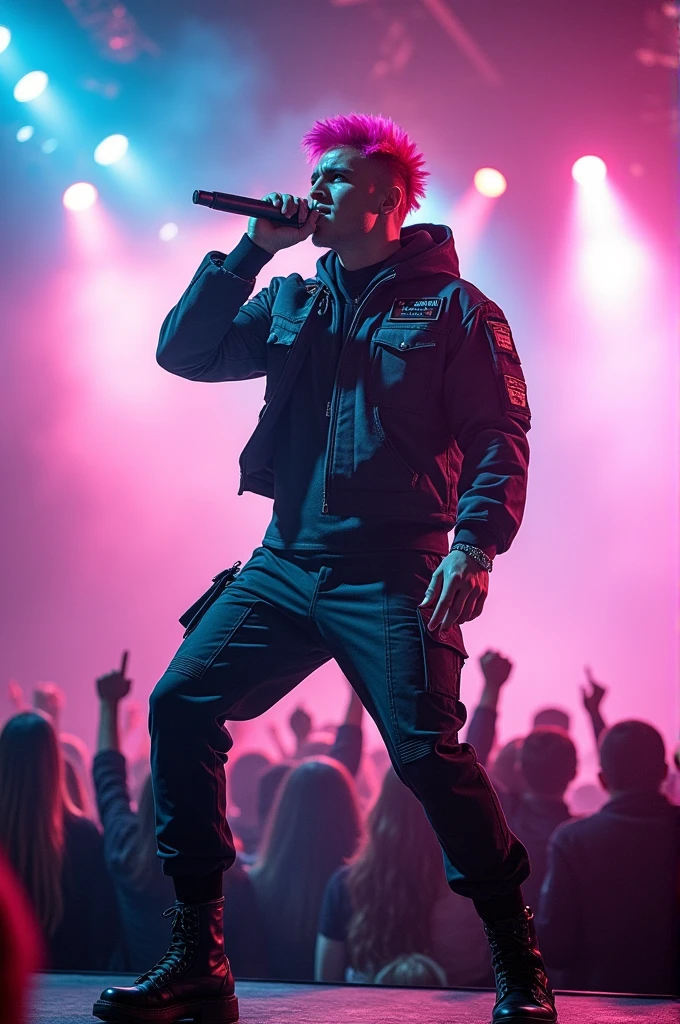 Pink haired male soldier singing rap at concert