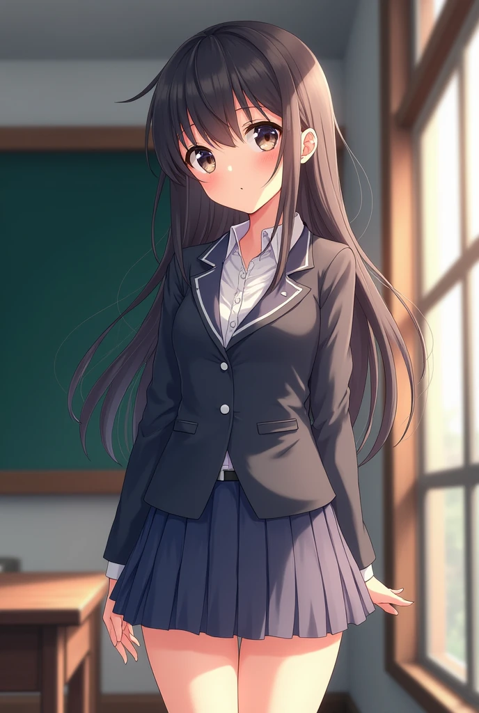 Anime girl in school clothes short skirt big thighs detailed body detailed clothes perfect face School background