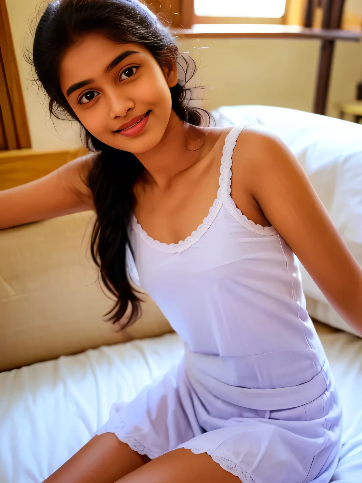 Sri lanka teen  girl, wearing white clothes and white short , in the bedroom,  (slim, small, flat, small), photorealistic, detail, skin texture, super detail, delicate and sexy collarbone, smile