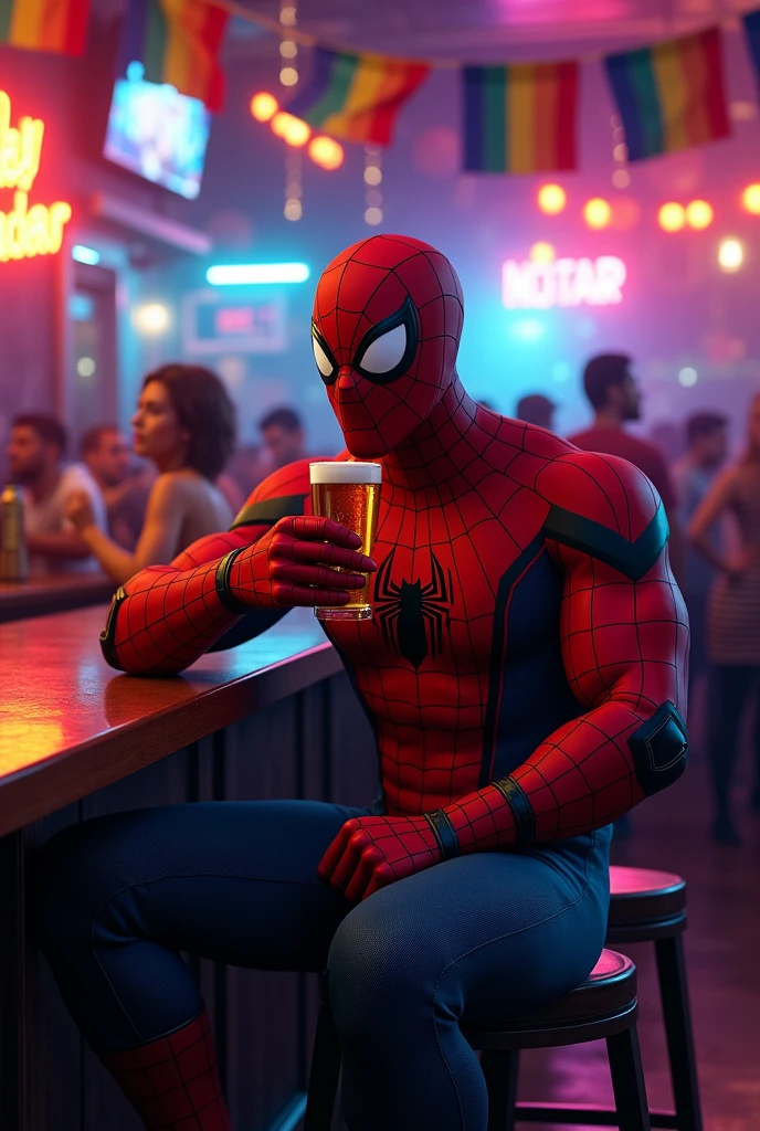 Muscular Spiderman drinking beer in a gay bar