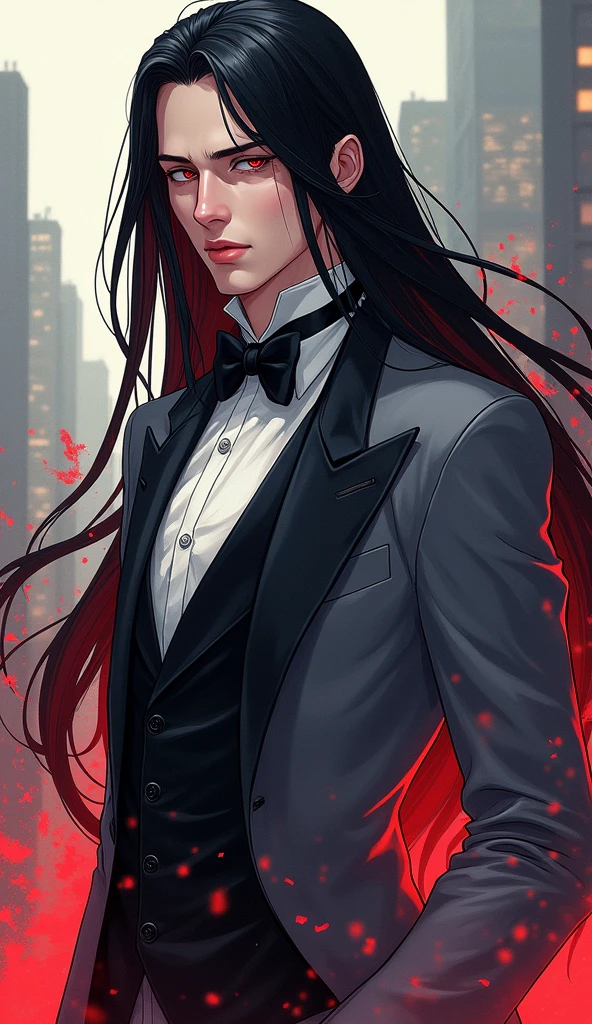 Anime-style character design, white male protagonist with long, sleek black hair cascading to his shoulders, elegantly styled for maximum impact, dressed in a chic grey tuxedo tailored to perfection, striking vampiristic features reminiscent of Henry Cavill illuminated by moonlight, vivid reddish eyes exuding an enchanting glow, embodying both charm and mystery, intricately detailed  structure highlighting angular cheekbones and bold jawline, seamless artistic fusion of vintage comic book aesthetics and modern anime style, dynamic pose suggesting both fluidity and confidence, capturing the energy and charisma of this captivating character within an urban fantasy context, abstract city skyline faintly blurred in the background, vibrant splashes of color around the character enhancing the visual narrative, rich contrasts and smooth gradients create depth and dimension, meticulously applied cell shading technique emphasizing the tuxedo's texture and the gleam of his hair, whimsical stylistic elements inspired by Urban Rivals blending harmoniously to heighten the character's appeal, artistic expression reaching a crescendo to deliver a masterpiece that captures the viewer's attention and imagination