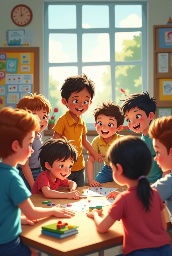 poster about elementary education, engaging teaching, team work, hands on materials and teaching. 

without words. picture only 