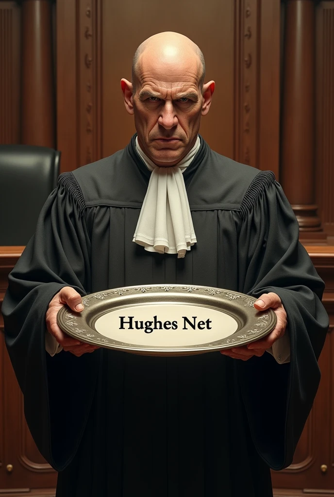 Bald man in judge outfit holding large plate with hughes net written on it