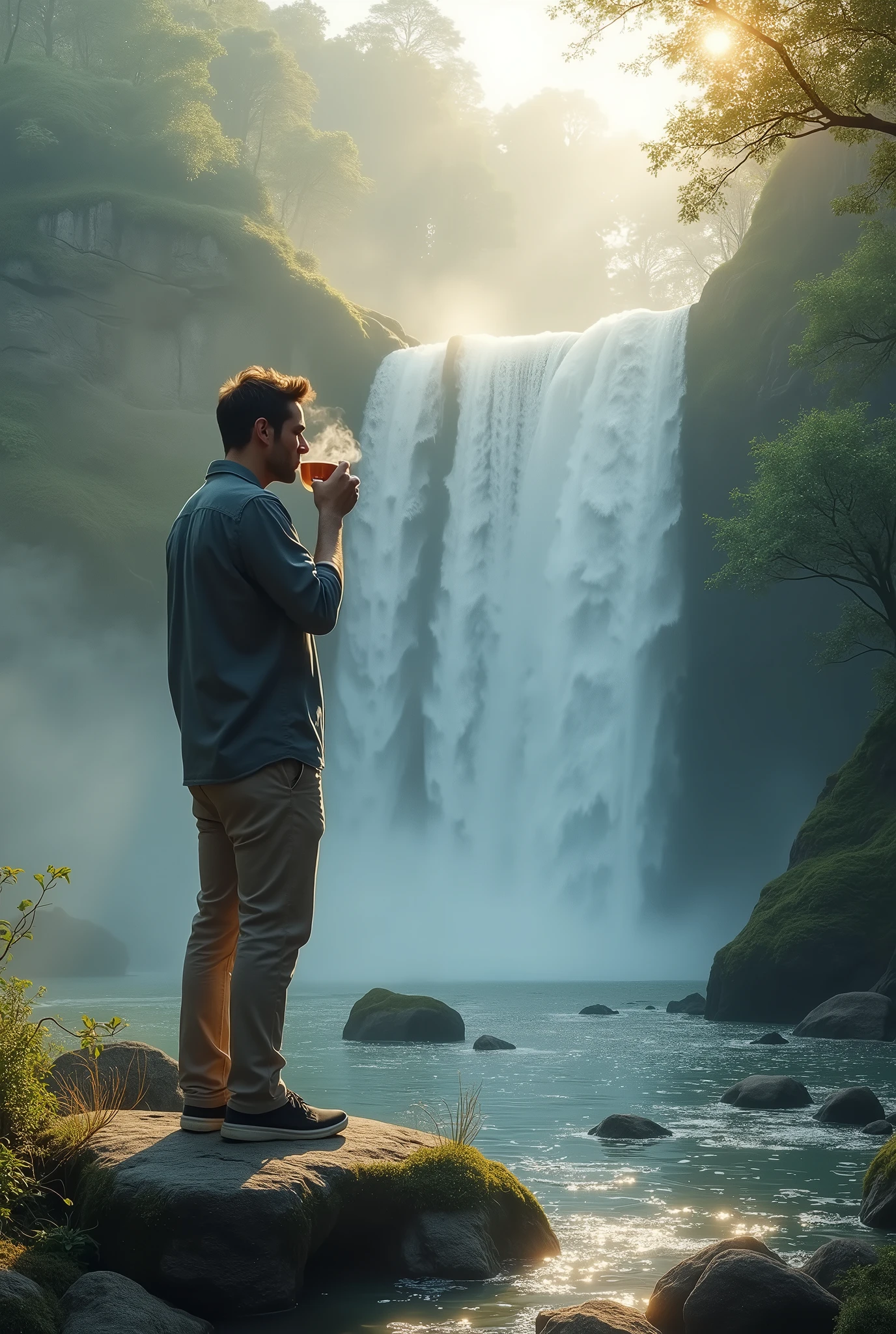 A man see the water falls morning time drink tea