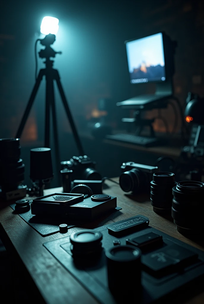 Create an photography, videography and editing dark themed background for a poster