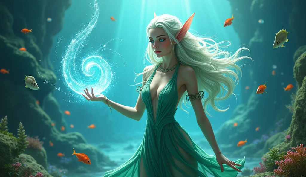 fantasy art, undersea art, fantasy art, undersea art, female sea elf, druid, cleric of sea, casting magical spell, ultra feminine, with a long curvy hair, light green hair, blue eyes, beautiful delicate face, an undersea setting background, fantasy sea, underwater light, an undersea setting background, fantasy sea, underwater light, natural sea life elements, dynamic atmosphere, soft light, dynamic light, high details, best quality, 16k, masterpiece, best quality, (extremely detailed), dynamic angle