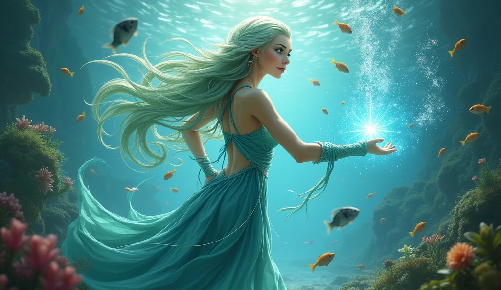 fantasy art, undersea art, fantasy art, undersea art, female sea elf, druid, cleric of sea, casting magical spell, ultra feminine, with a long curvy hair, light green hair, blue eyes, beautiful delicate face, an undersea setting background, fantasy sea, underwater light, an undersea setting background, fantasy sea, underwater light, natural sea life elements, dynamic atmosphere, soft light, dynamic light, high details, best quality, 16k, masterpiece, best quality, (extremely detailed), dynamic angle
