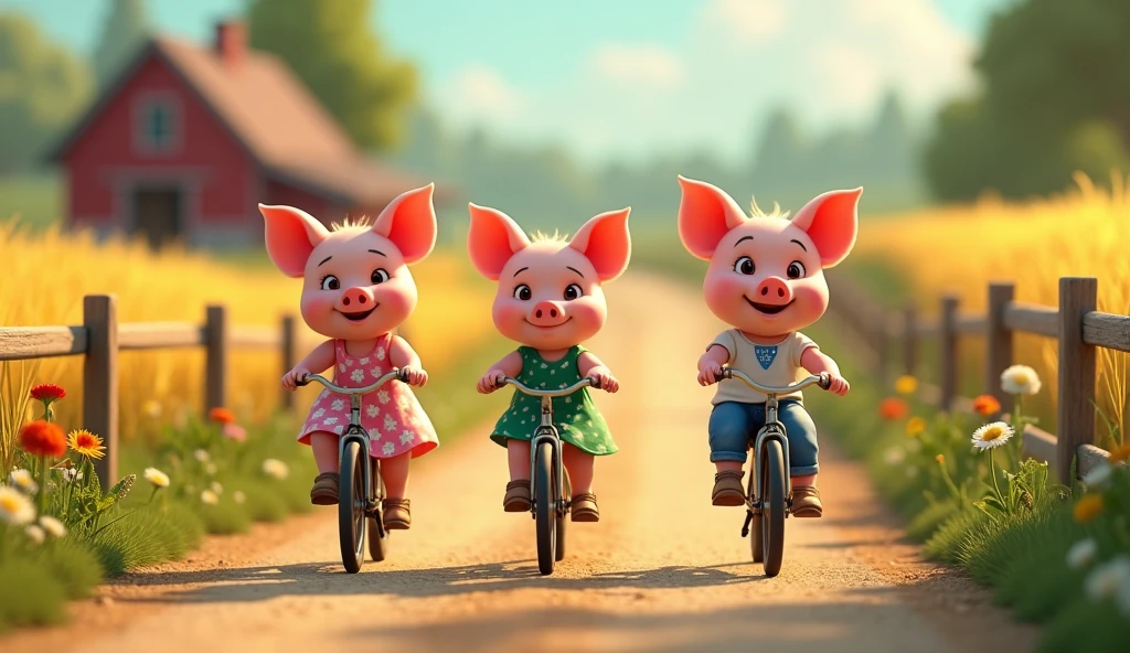 Charming countryside scene, pixar style, 3d, 3 piglets wearing dresses riding bicycles. one piglet is wearing pink dress with white flowers, other piglet is wearing green dress with white polka dots, one piglet is wearing white t-shirt blue jeans and a blue bandana, Winding dirt road through golden wheat fields. Wildflowers dotting roadside. Rustic wooden fence, distant red barn. Fluffy white clouds in blue sky. Girl's pigtails and dress fluttering in breeze. Warm sunlight, long shadows, game button art, Game illustration, lovely digital painting, artstation for kids art, Official artwork, key art, mobile game art, cover game art, zootopia concept art, (soft lighting:1.3), (green and earthy color scheme:1.3), (highly detailed), (ultra quality:1.3), (masterpiece), (digital art), 8K resolution, HDR, depth of field, (soft shadows), (photorealistic:1.3), (animation:1.2), (by Greg Rutkowski:0.9), (in the style of Alphonse Mucha), trending on ArtStation, award-winning art, 3d style
