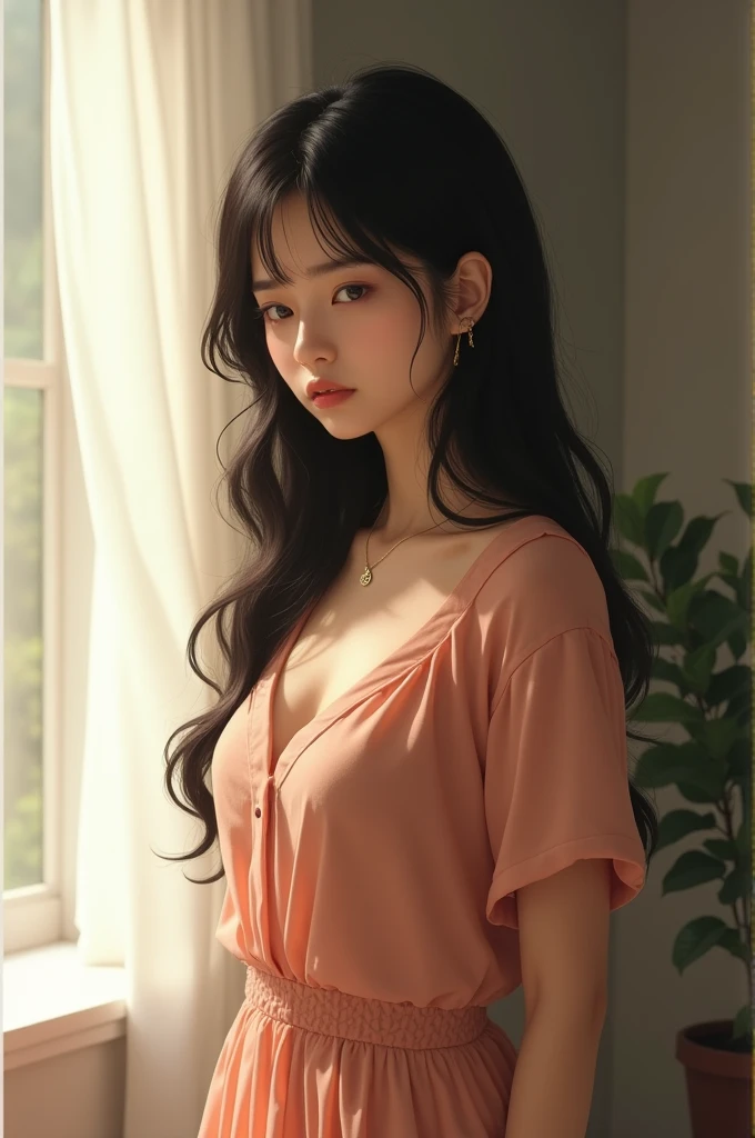 "A portrait of a young woman with long, dark hair, wearing a peach-colored dress with a deep V-neckline. She is standing in a softly lit room by a large window, turning her head slightly to the side, with a sad expression on her face. Her eyes are downcast, and her lips are gently curved downward, reflecting a sense of melancholy. She is still wearing hoop earrings and a simple necklace with a small pendant. The natural light from the window softly illuminates her face and figure, highlighting the subtle emotion. The background remains minimal, with light curtains and neutral-colored walls, ensuring the focus is on the woman's expression and posture."