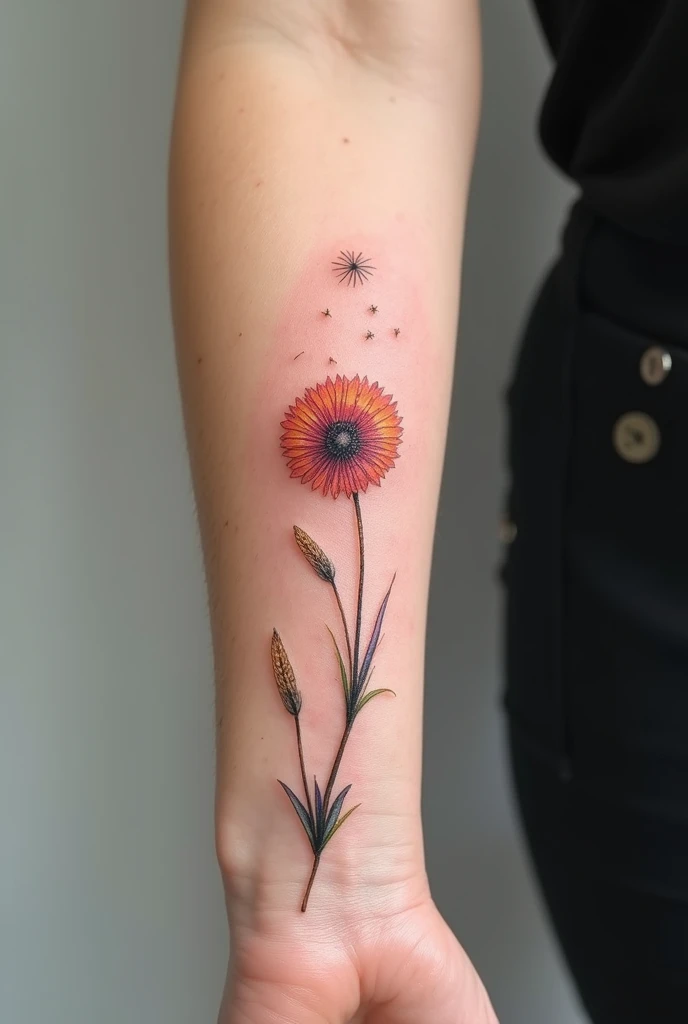 A dandelion flower tattoo, with fine and realistic details, starting on the upper hand and extending towards the wrist that does not overfill the hand and forearm. Some of the flower petals are gently detached, floating away as if carried by the wind. The entire composition is rendered in a watercolor style, with vibrant and nuanced colors. The colors should be bright and dynamic. The design should symbolize the deep bond between father and daughter.