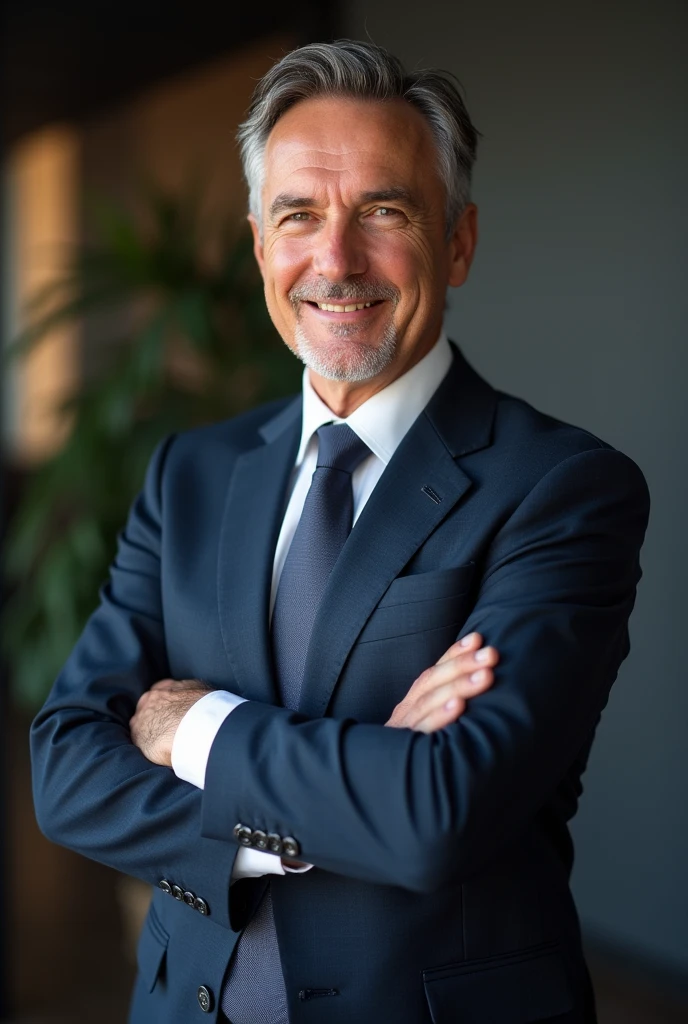 "A man in his forties, avec une apparence soignée et professionnelle. He wears a well-fitted suit, with a white shirt and a discreet tie. Her hair is neatly styled, and he has a welcoming smile that inspires confidence. Il se tient debout avec une posture droite, arms slightly crossed, in front of a sober but modern background, évoquant un environnement de bureau ou un cadre professionnel. His eyes reflect reliability and assurance., symbolizing a serv