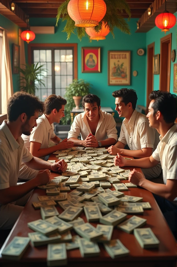 Elvis Presley seatting at a table with a 4 man wearing lino shorts and shirt. The restaurant is mexican and there is a lot of money at the table 