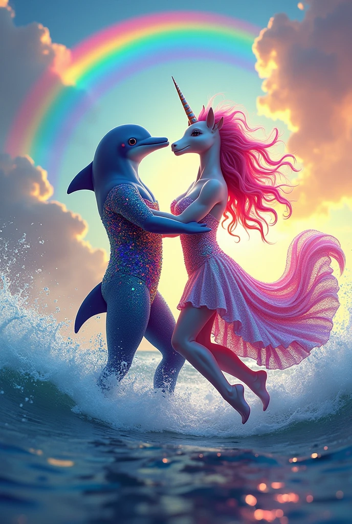 An image of a dolphin wearing sexy colorful clothes and a unicorn wearing sexy colorful clothes dancing,out in the sea with lots of colors and rainbows and flying with lots of colors 