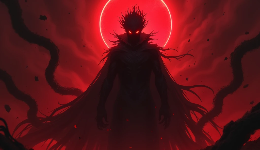 Create a dark, ominous character with spiky, flame-like hair and glowing red eyes. The character's face is mostly obscured by shadows, emphasizing the intense, supernatural energy emanating from their eyes. They are surrounded by swirling tendrils or chains of darkness, set against a deep, vibrant red background. The atmosphere should convey a sense of overwhelming power and menace, with the character appearing ready to unleash a devastating force. The contrast between the dark figure and the red glow adds to the dramatic and threatening aura of the scene.