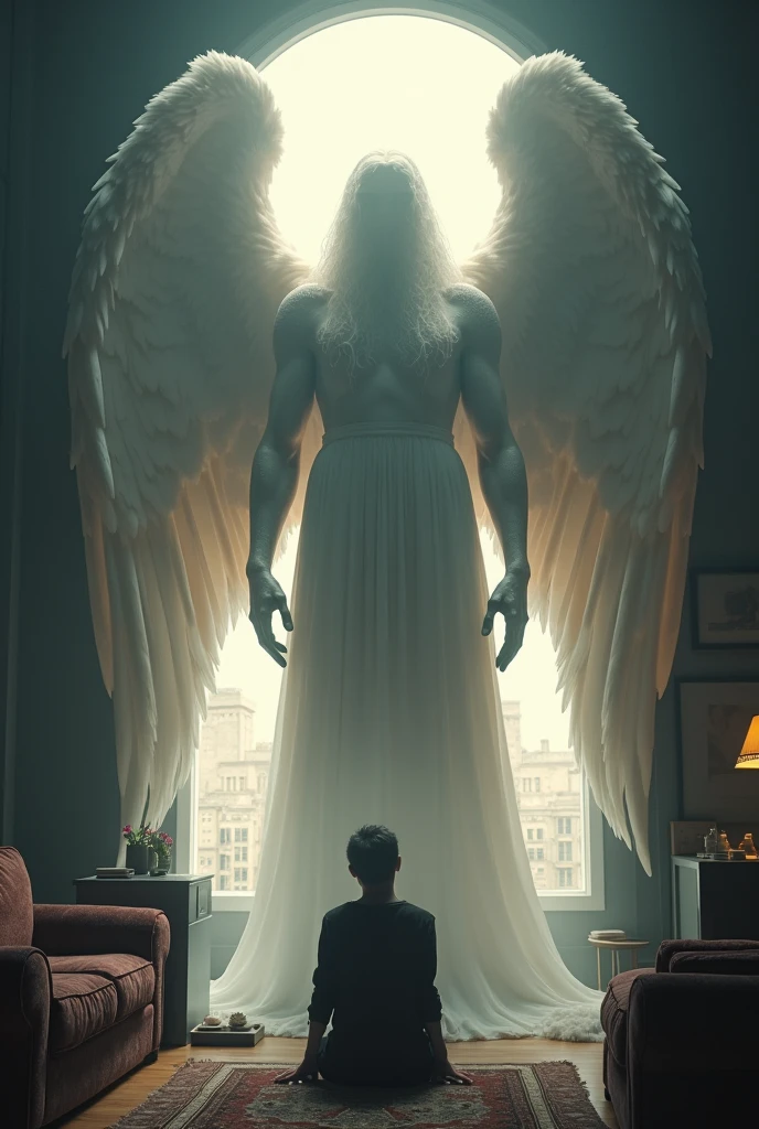 (photorealism:1.2), (4k) a giant angel man watching a person praying in his room by the window.