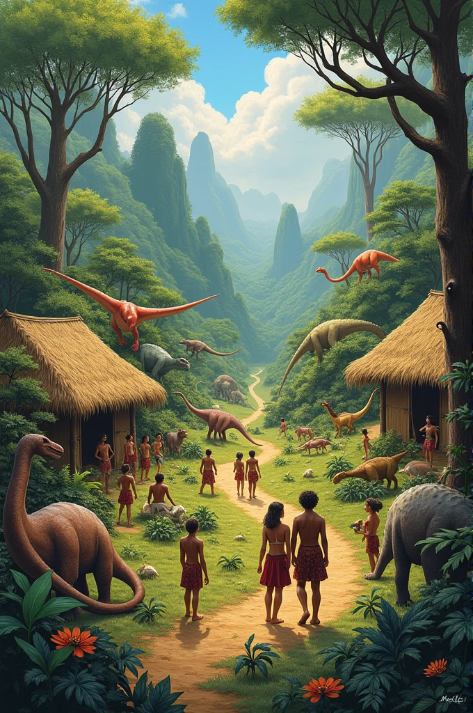 Make an clan with people living in it with different dinosaurs who are there friends with different creatures make huts as well but make an painting