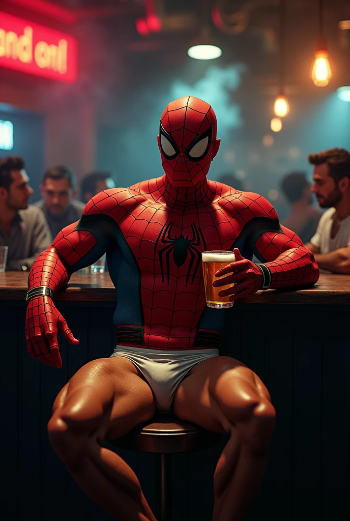 Muscular Spiderman drinking beer in a men only bar wearing underwear