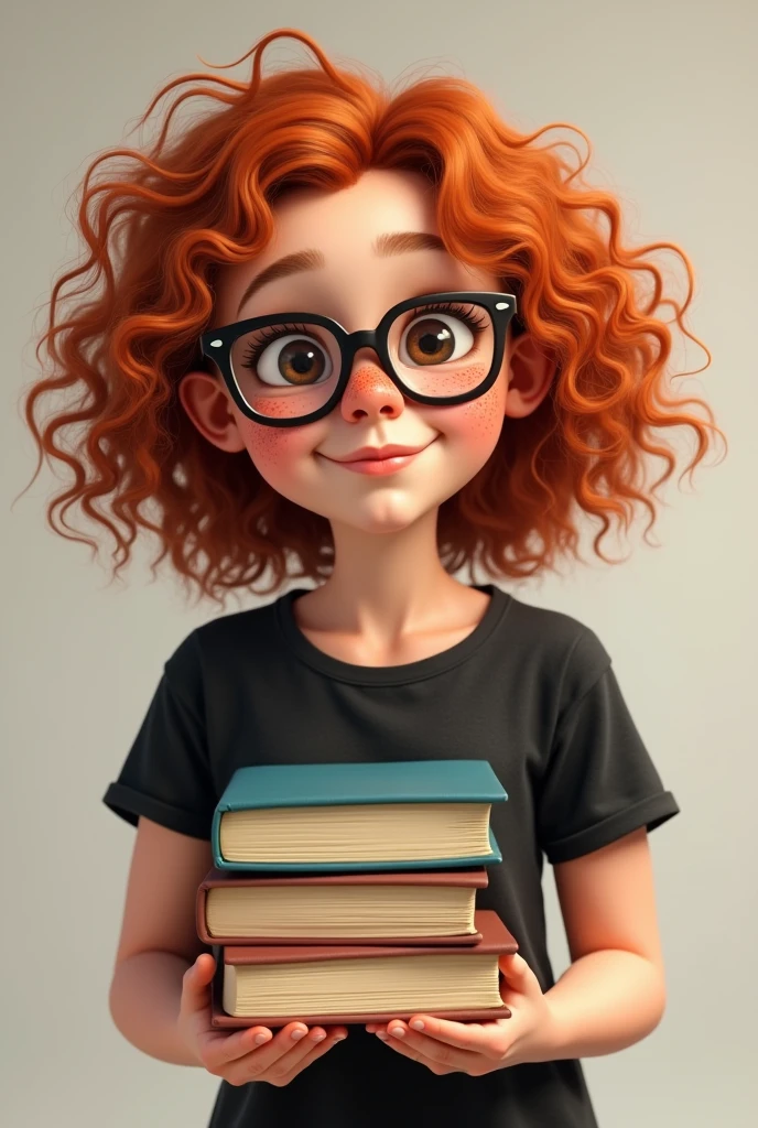 curly red-haired girl, with freckles on her face and glasses, wearing a black rock band t-shirt and holding some books.