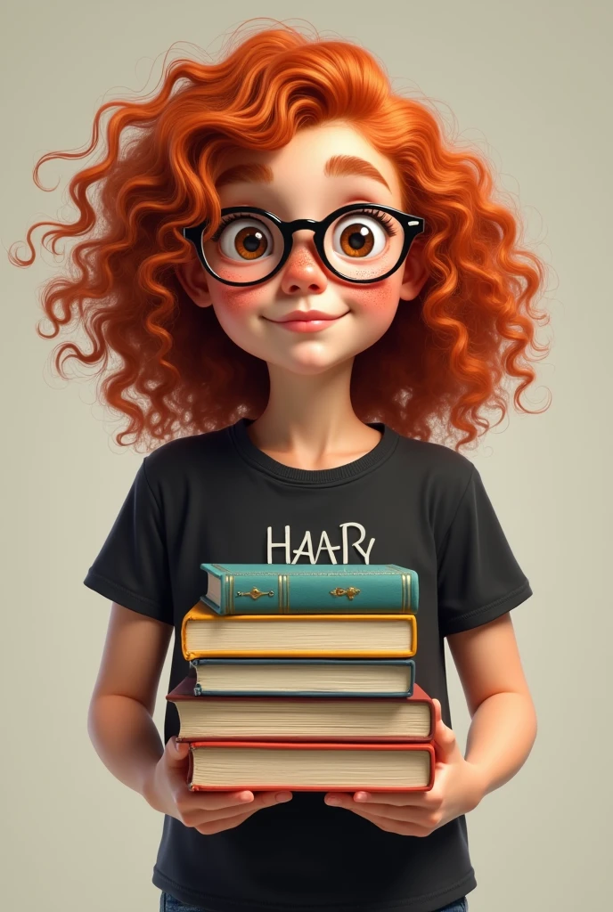 curly red-haired girl, with freckles on her face and glasses, wearing a black rock band t-shirt and holding some books.