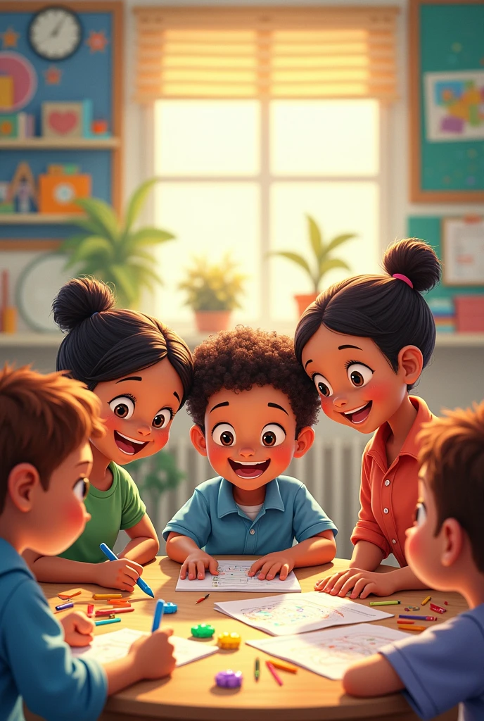 poster about elementary education, engaging teaching, team work, hands on materials and teaching. 

without words. picture only 
