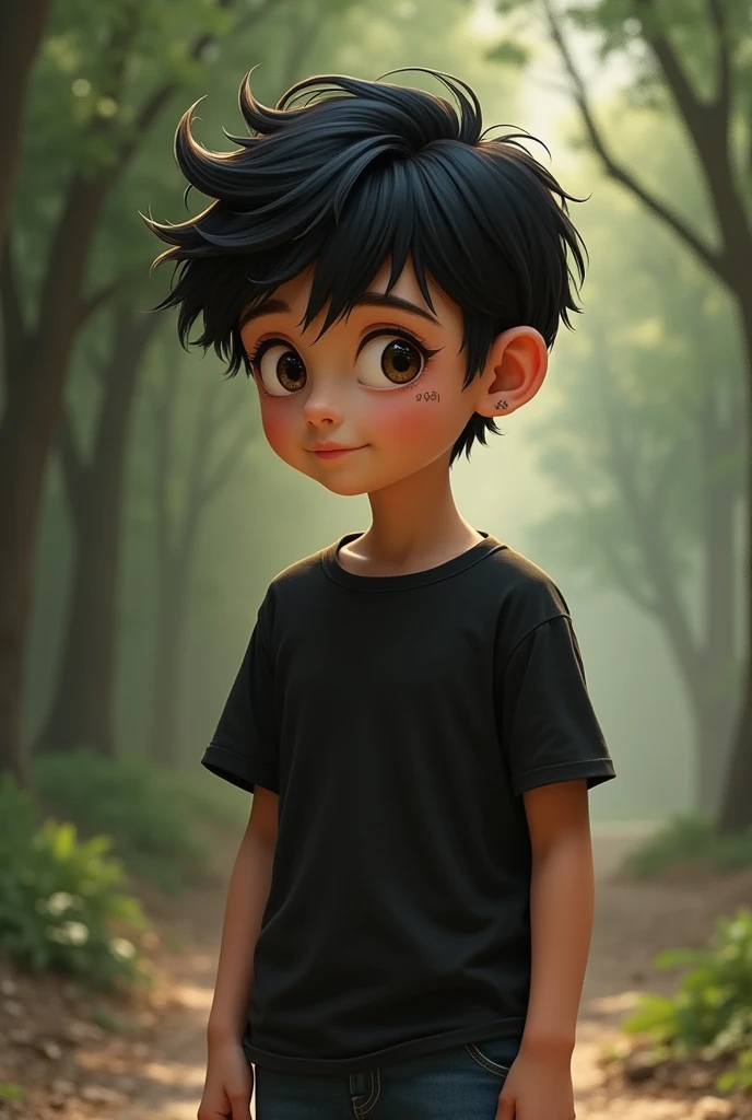 Boy of approximately , black hair, denim shorts, black t-shirt, small eyes, small scar under the ear