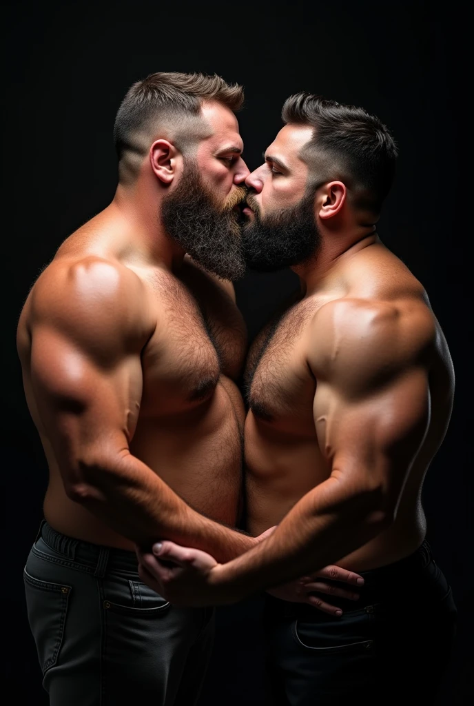 "8KUHD HDR Very Realistic Very Detailed High Quality Create a professional studio-style photograph featuring two 4 men, 8K hdr burly, 8K hdr hairy, 8k hdr beared big daddy bear,  and 8K hdr very realistic detailed rugged man and his husband in boxers. 8K Hdr very realistic beards, 8K very hdr realistic hair, 8K very hdr realistic beards, 8K hdr very realistic thick chubby fat neck, 8K hdr very realistic neck, 8K hdr very realistic neck details, 8K hdr very realistic neck lines, 8K hdr very realistic belly, 8K hdr very realistic chest, 8K hdr very realistic strong chest and arms, 8K hdr very realistic hairy chest and arms, 8K hdr very realistic pecs, 8K hdr very realistic burly body, 8K hdr very realistic nipples, 8K hdr very realistic burly body, 8K hdr very realistic face, 8K hdr very realistic eyes, 8K hdr very realistic nose, 8K hdr very realistic ears, 8K hdr very realistic facial features, 8K hdr very realistic arms, 8K hdr very realistic hands, 8K hdr very realistic wrists, 8K hdr very realistic fingers, 8K hdr very realistic fingernails, 8K hdr very realistic shoulders, 8K hdr very realistic mouth, 8K hdr very realistic skin textures, 8K hdr very realistic textures, 8K hdr very realistic extricate detailing, 8K hdr very realistic lips, 8K hdr very realistic detailed skin, 8K hdr very realistic skin, 8K hdr very realistic heads, 8K hdr very realistic ears, 8K hdr very realistic nose, 8K hdr very realistic facial features, 8K hdr very realistic mens clothing, 8K hdr very realistic detailed mens clothing. 8K HDR A very realistic man and his husband are kissing each other, 8K HDR very realistically kissing each other, in a 8K HDR very realistic romantic and HDR virile scene. 8K HDR Very Realistic Intricately Detailed, 8K HDR Utilize all appropriate lighting techniques for studio photography. 8K HDR The background should be black." No Deformities, 8K HDR "everything is very realistic 8K HDR"