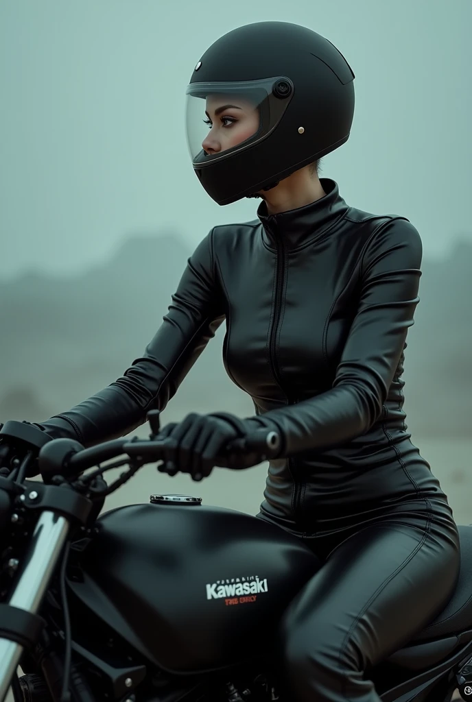 profile picture for discord, a woman with her helmet looks towards the horizon. on a kawazaki z500. the woman is wearing black leather outfit .
the woman has very short boy's hair.
