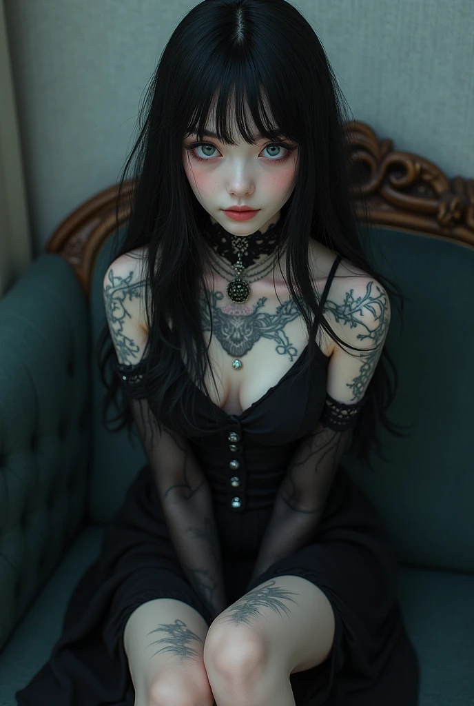 Kizi, long black hair, blue colored eyes, pale branch skin, tattooed, Gothic black clothing. She's sitting on a couch, shy with her blushing cheeks.