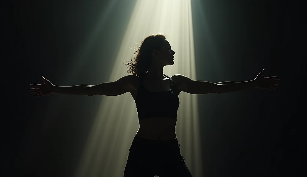 (masterpiece, best quality:1.2), (powerful silhouette of a woman:1.3), (low angle shot:1.3), (forcefully pushing back against an unseen force:1.4), (tense body, outstretched arm:1.3), (dark background with subtle light source behind:1.3), (dramatic contrast highlighting strength and defiance:1.3), (camera angle from below, dominant and in control:1.3), (determination and unwillingness to be pushed down:1.3), (empowerment and resistance, capturing the intensity of the moment:1.3), (8K, ultra-detailed, hyper-detailed, RAW photo quality, Unreal Engine rendering:1.3)