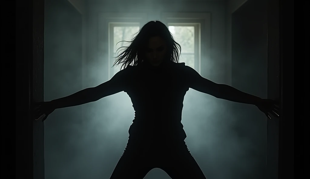 (masterpiece, best quality:1.2), (powerful silhouette of a woman:1.3), (low angle shot:1.3), (forcefully pushing back against an unseen force:1.4), (tense body, outstretched arm:1.3), (dark background with subtle light source behind:1.3), (dramatic contrast highlighting strength and defiance:1.3), (camera angle from below, dominant and in control:1.3), (determination and unwillingness to be pushed down:1.3), (empowerment and resistance, capturing the intensity of the moment:1.3), (8K, ultra-detailed, hyper-detailed, RAW photo quality, Unreal Engine rendering:1.3)