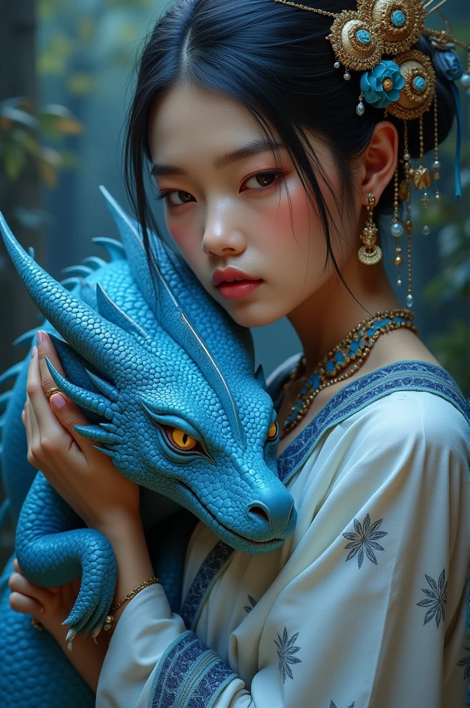 a close up of a statue of a Indonesian woman holding a dragon, a detailed painting, by Chen Lin, fantasy art, blue realistic 3 d render, guweiz, resting, beautiful avatar pictures, smooth chinese dragon, beautiful intricate masterpiece, detailed and soft, with blue skin, beautiful and realistic