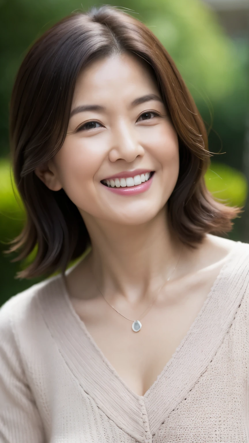 最high quality, In 8K, Masseter region, Real, Sharp focus, high quality, High resolution, Detailed face, Detailed eyes, Thick lips, Background Blur, alone, Middle-aged women, , 5, , Wavy Hair, Cleavage, Wearing a plain short-sleeved knit, Afternoon in front of the park garden, Wrinkles around the eyes, Smiling with teeth showing