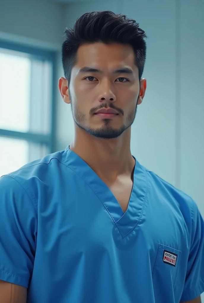 Tomohisa Yamashita in scrubs as an orthopedic surgeon. He's muscular and handsome. He has no beard. He has a refreshing impression. His scrubs are blue.