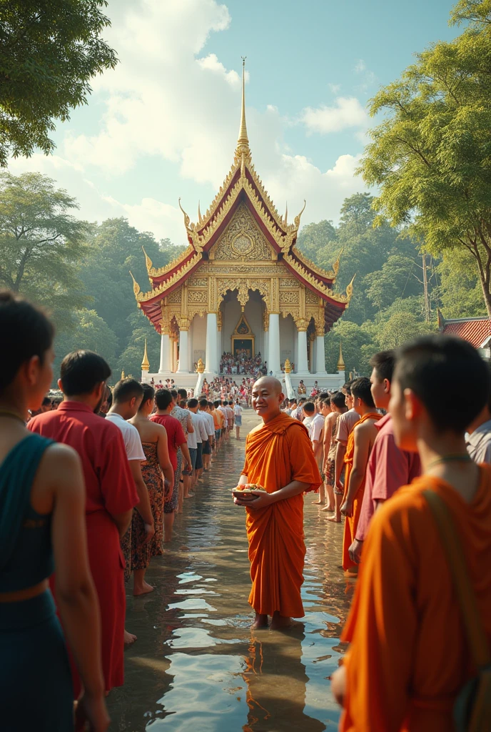 Thai people go to make merit at the temple., Monk receives food, photo, Real people, Movie set