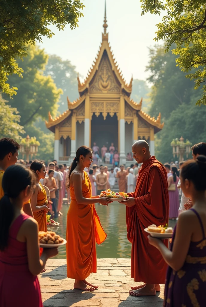 Thai people go to make merit at the temple., Monk receives food, photo, Real people, Movie set