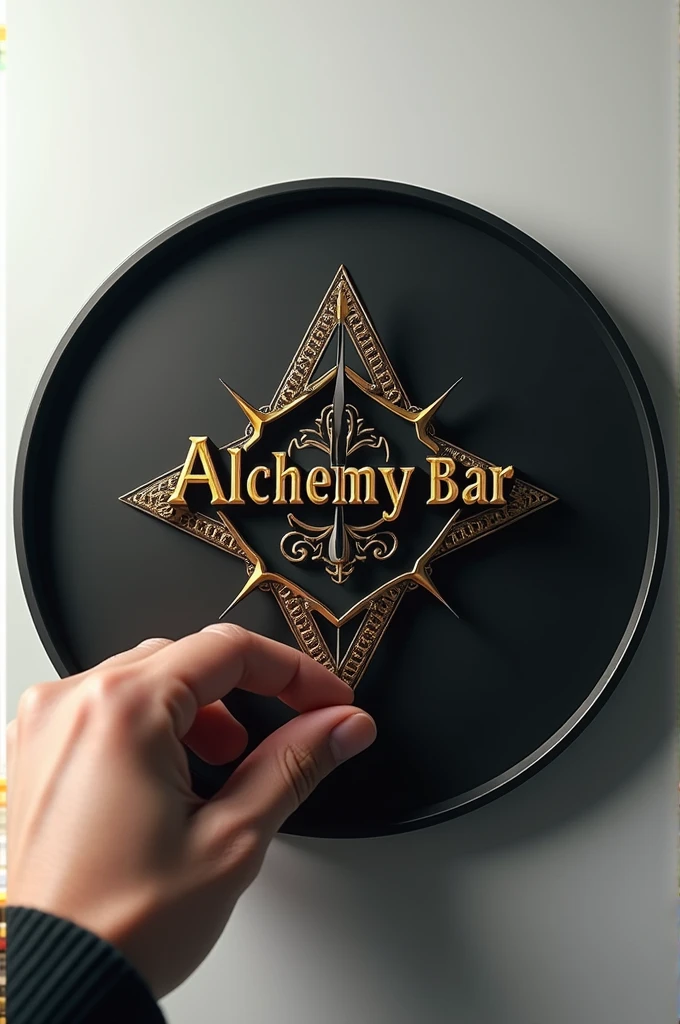 I would like to create a digital clock that has our brand Alchemy Bar registered in capital letters and in high relief, holding it with the left hand.