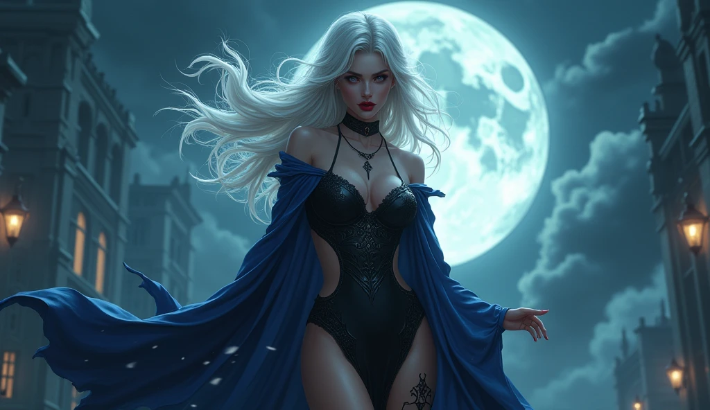 anime comic illustration fantasy art, gothic art, (masterpiece:1.5), full body best details, highly detailed, best quality, Glowing Red, highres, full body portrait of a vampire, elf (Masterpiece, best quality: 1.6), ultra feminine, wizard, (intricate details, Masterpiece, best quality: 1.5) with a long curvy hair, light color hair, red eyes, busty, ((beautiful delicate face)), Ultra Detailed Face (intricate details, fantasy art, Masterpiece, best quality: 1.5), ((vampiric fangs 1.5)) (blue cloak: 1.3) , flowing cloak (intricate details, fantasy art, Masterpiece, best quality: 1.3), wearing an intricate (black: 1.4) intricate leather dress (intricate details, fantasy art, Masterpiece, best quality: 1.5), high heeled boots, fantasy urban background (intense details, beat details), fantasy, at night light, natural ,moon light, clouds, gothic atmosphere, soft light, dynamic light, [[anatomically correct]], high details, best quality, 8k, [ultra detailed], masterpiece, best quality, (extremely detailed), dynamic angle
