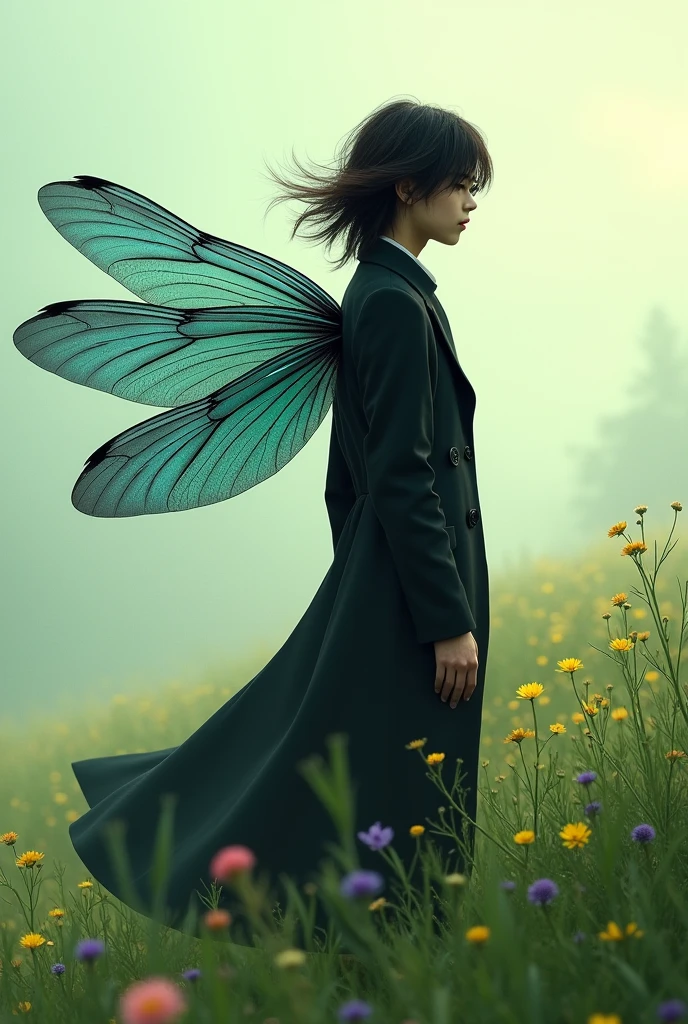 black hair guy in coat with dragonfly wings side view, meadow background
