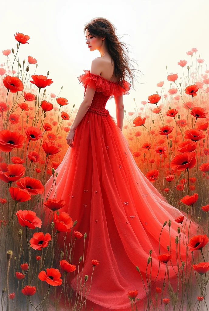 create a fashion sketch of a red poppy field inspired dress