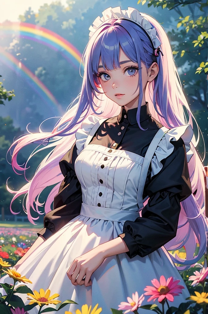 A girl with long rainbow hair is wearing a maid outfit and standing in a flower field with lots of big flowers. Upper body