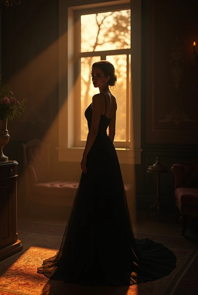 Victorian room, dark room with no light, sunset, beautiful young lady, black formal wear, movie scene, stills, high resolution