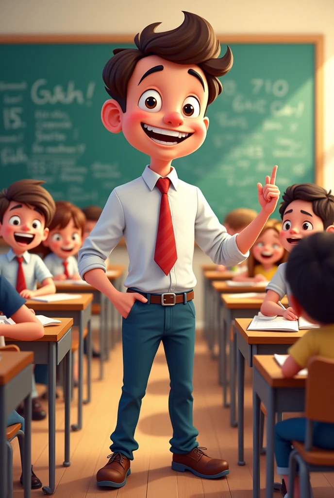 A cartoonist AI image of male teacher with the background of school students 