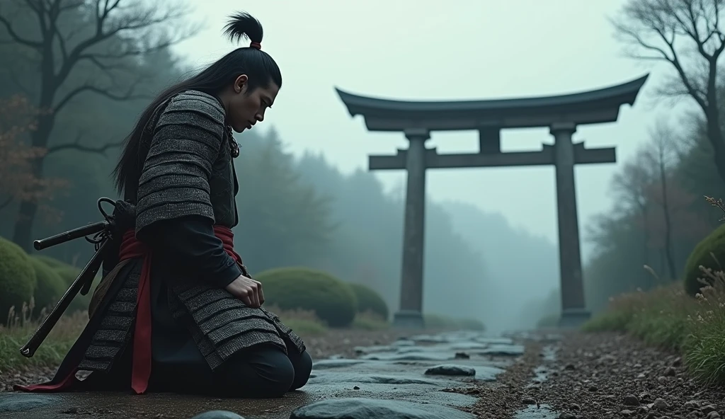 realistic photo, best definition, hdr definition, 12k, a samurai, wears traditional combat clothing, he looks at a torii, he kneels on the ground, it is gray, the wind blows agitating the surrounding vegetation, Japanese garden background , the sky is gray and cloudy, a feeling of rage hovers, this scene in its details is a masterpiece
