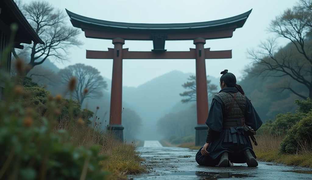realistic photo, best definition, hdr definition, 12k, a samurai, wears traditional combat clothing, he looks at a torii, he kneels on the ground, it is gray, the wind blows agitating the surrounding vegetation, Japanese garden background , the sky is gray and cloudy, a feeling of rage hovers, this scene in its details is a masterpiece
