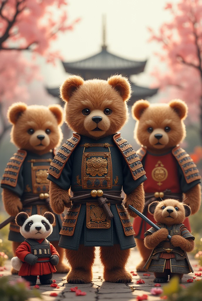 A teddy bear dressed as a samurai Bring along your stuffed animal companions All the stuffed animals are bears