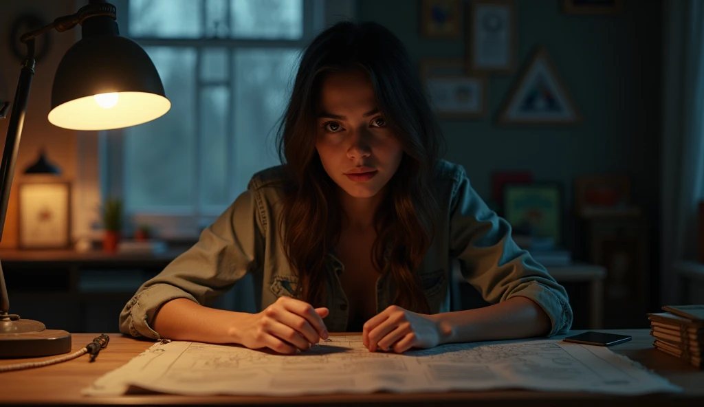 Scene 8: Maya’s Dorm Room - Night (Maya sits in her room, pondering the Dean’s words. She looks at the map again, then at the mysterious artifact she had taken from the chamber, which now sits on her desk. She knows she should leave it alone, but the mystery continues to tug at her curiosity.) maya is young beautiful university student girl
the scene is maya point of view to looking at her desk